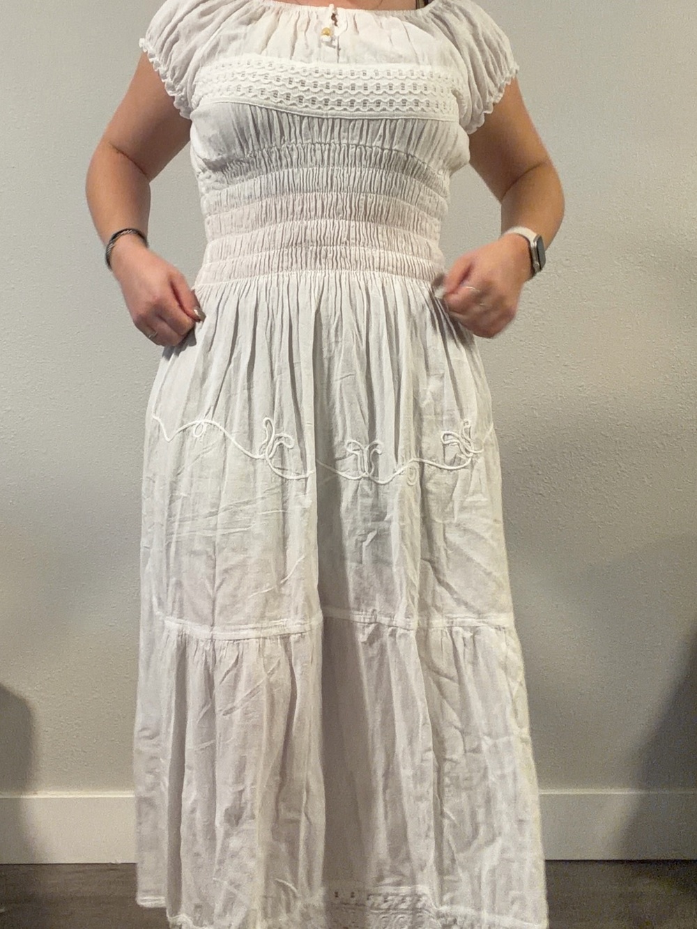 Women's White Smocked Midi Dress - Lightweight Boho Style